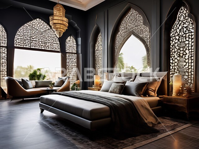 غرفة نوم بتصاميم عصرية، سرير كبير ومريح بتصميم حديث، أثاث منزلي راقي، ديكورات منزلية داخلية للشقق والفلل السكنية في المملكة العربية السعودية، فنادق ومنتجعات فاخرة