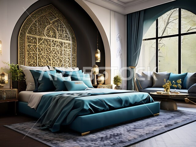 سرير كبير ومريح بتصميم حديث، غرفة نوم بتصاميم عصرية، أثاث منزلي راقي، ديكورات منزلية داخلية للشقق والفلل السكنية في المملكة العربية السعودية، فنادق ومنتجعات فاخرة