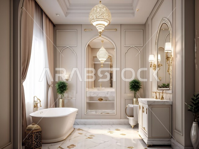 دورة مياه فاخرة في أحد المباني السكنيه، التصاميم الداخلية والديكورات الراقية للحمامات الداخلية وأحواض الاستحمام في الشقق الفاخرة، حمام معاصر في منزل حديث