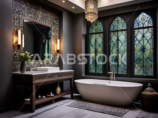 Contemporary bathroom in a modern home, luxury interior designs and decorations of en suite bathrooms and bathtubs in luxury apartments, luxury bathroom in a residential building