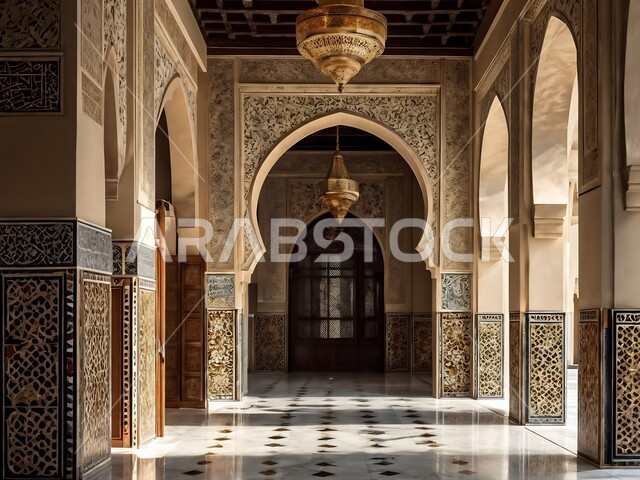 النقوش والزخارف للاعمدة والاقواس على الطراز الاسلامي، مفهوم العبادة والتقرب إلى الله تعالى, الفن الهندسي المعماري لمسجد عربي عريق، التصاميم والديكورات الداخلية للمساجد في المملكة العربية السعودية