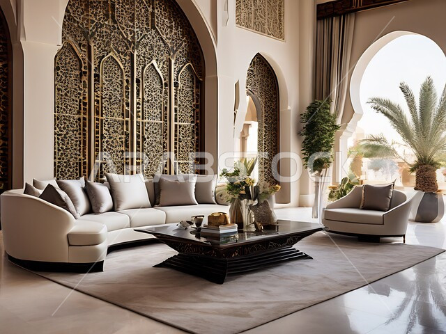 ديكور داخلي راقي للفلل والشقق السكنية في المملكة العربية السعودية، النوافذ والواجهات الزجاجية، غرفة معيشة مع أثاث منزلي فاخر ومريح، التصاميم الداخلية لغرف الجلوس على الطراز الحديث، الاكسسوارات والتحف الانيقة