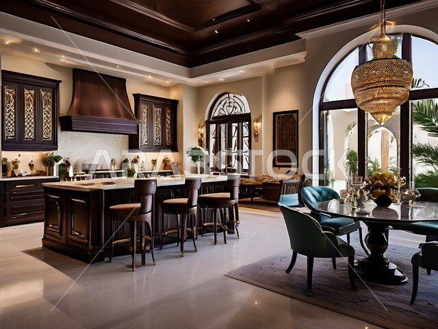 الديكورات الداخلية الحديثة لغرف السفرة، تصميم داخلي لمطبخ بأثاث راقي، تصاميم عصرية فاخرة، شقق و فلل سكنية على الطراز الحديث في المملكة العربية السعودية، الديكورات والاكسسوارات الانيقة