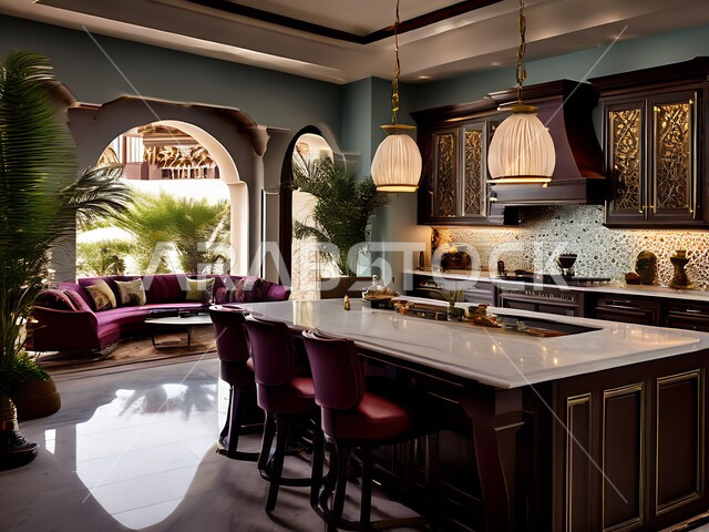 Interior design of a kitchen with high-end furniture, modern interior decorations for dining rooms, luxurious contemporary designs, modern-style residential apartments and villas in the Kingdom of Saudi Arabia, elegant decorations and accessories