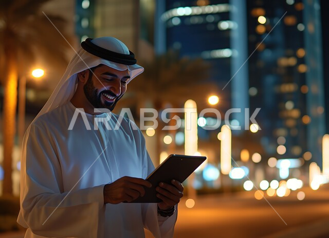 Browsing social media, chatting and communicating with family and friends, a close-up of an Emirati Gulf Arab man wearing a ghutra and kandura using a mobile tablet with gestures of joy and happiness, integrating modern technical devices and technology into daily life