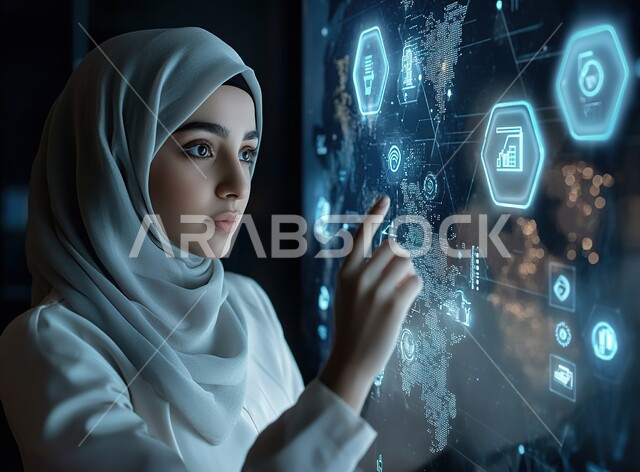 متابعة مخطط الرسم البياني للنمو الاقتصادي بتقنية الهولوجرام، صورة مقربة لسيدة أعمال عربية خليجية سعودية ترتدي الحجاب تقف أمام شاشة إلكترونية في غرفة التحكم بالسيرفرات، مركز البيانات وشبكة تخزين المعلومات