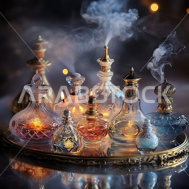 التسويق للمنتجات الوطنية المحلية، مجموعة من زجاجات العطر والمباخر العربية ذات التصاميم المزخرفة، التطيب والتعطر بأجود أنواع العطورات السعودية الفاخرة