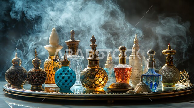 مجموعة من زجاجات العطر والمباخر العربية ذات التصاميم المزخرفة، التسويق للمنتجات الوطنية المحلية، التطيب والتعطر بأجود أنواع العطورات السعودية الفاخرة