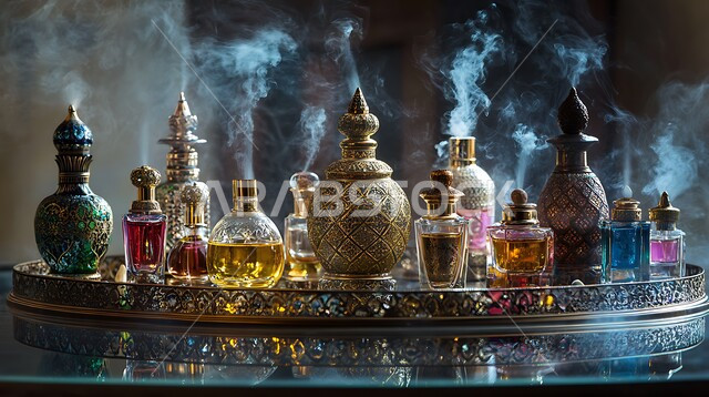 التسويق للمنتجات الوطنية المحلية، مجموعة من زجاجات العطر والمباخر العربية ذات التصاميم المزخرفة، التطيب والتعطر بأجود أنواع العطورات السعودية الفاخرة