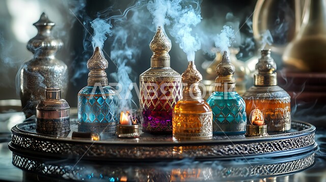 مجموعة من زجاجات العطر والمباخر العربية ذات التصاميم المزخرفة، التسويق للمنتجات الوطنية المحلية، التطيب والتعطر بأجود أنواع العطورات السعودية الفاخرة