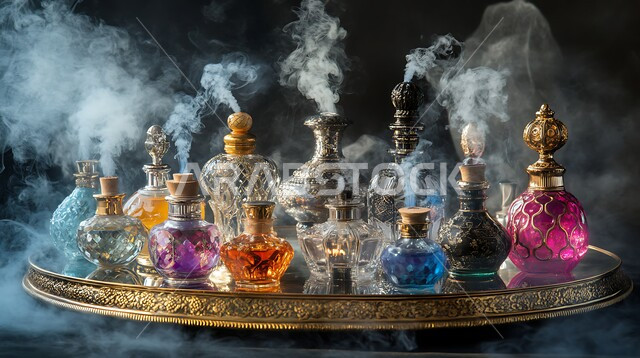 التطيب والتعطر بأجود أنواع العطورات السعودية الفاخرة، مجموعة من زجاجات العطر والمباخر العربية ذات التصاميم المزخرفة، التسويق للمنتجات الوطنية المحلية
