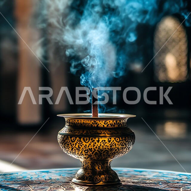 أصالة العادات والتقاليد في المملكة العربية السعودية، التعطر والتطيب باطيب الروائح والعطور، خشب العود الفاخر والفحم، صورة مقربة لمبخرة تقليدية نحاسية مزخرفة، منتج وطني محلي سعودي، منظر الدخان المنتشر من البخور