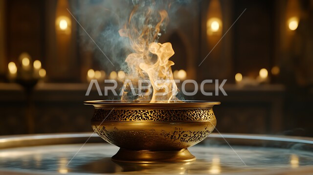 منتج وطني محلي سعودي، منظر الدخان المنتشر من البخور، أصالة العادات والتقاليد في المملكة العربية السعودية، التعطر والتطيب باطيب الروائح والعطور، خشب العود الفاخر والفحم، صورة مقربة لمبخرة تقليدية نحاسية مزخرفة