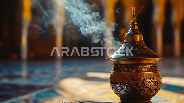 أصالة العادات والتقاليد في المملكة العربية السعودية، التعطر والتطيب باطيب الروائح والعطور، خشب العود الفاخر والفحم، صورة مقربة لمبخرة تقليدية نحاسية مزخرفة، منتج وطني محلي سعودي، منظر الدخان المنتشر من البخور