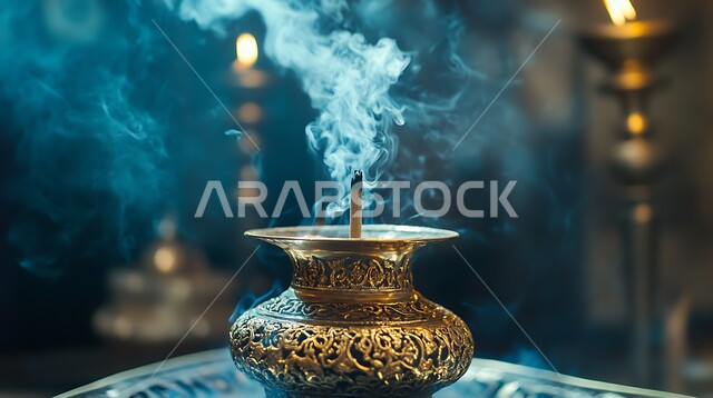 منظر الدخان المنتشر من البخور، أصالة العادات والتقاليد في المملكة العربية السعودية، التعطر والتطيب باطيب الروائح والعطور، خشب العود الفاخر والفحم، صورة مقربة لمبخرة تقليدية نحاسية مزخرفة، منتج وطني محلي سعودي