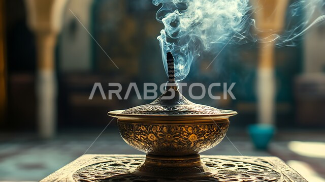 منتج وطني محلي سعودي، منظر الدخان المنتشر من البخور، أصالة العادات والتقاليد في المملكة العربية السعودية، التعطر والتطيب باطيب الروائح والعطور، خشب العود الفاخر والفحم، صورة مقربة لمبخرة تقليدية نحاسية مزخرفة