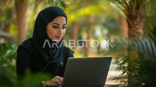 إدارة شؤون الأعمال وتنظيمها، استخدام الأجهزة التكنولوجية الحديثة والمتطورة، مهن ووظائف ادارية مكتبية, صورة مقربة من الجانب لموظفة عربية خليجية سعودية محجبة تقوم بالعمل على الحاسوب في احدى الحدائق