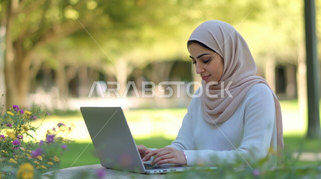 استخدام الأجهزة التكنولوجية الحديثة والمتطورة، مهن ووظائف ادارية مكتبية, إدارة شؤون الأعمال وتنظيمها، صورة مقربة من الجانب لموظفة عربية خليجية سعودية محجبة تقوم بالعمل على الحاسوب في احدى الحدائق