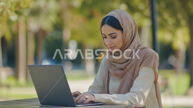 مهن ووظائف ادارية مكتبية, استخدام الأجهزة التكنولوجية الحديثة والمتطورة، إدارة شؤون الأعمال وتنظيمها، صورة مقربة من الجانب لموظفة عربية خليجية سعودية محجبة تقوم بالعمل على الحاسوب في احدى الحدائق