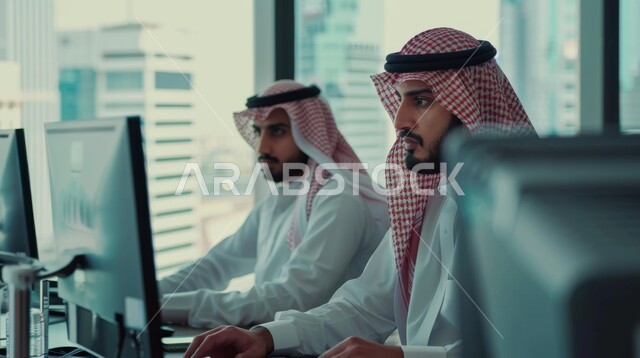 مهن ووظائف ادارية مكتبية, استخدام الأجهزة التكنولوجية الحديثة والمتطورة، إدارة شؤون الأعمال وتنظيمها، صورة مقربة من الجانب لموظفين عربيين خليجيين سعوديين يرتديان الثوب التقليدي والشماغ يقومان بالعمل على الحاسوب في داخل المكتب