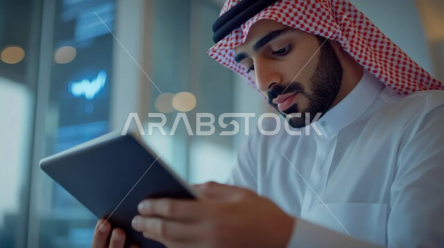 إدارة شؤون الأعمال وتنظيمها، استخدام الأجهزة التكنولوجية الحديثة والمتطورة، مهن ووظائف ادارية مكتبية, صورة مقربة من الجانب لموظف عربي خليجي سعودي يرتدي الثوب التقليدي والشماغ يقوم بالعمل على جهاز التابلت في داخل المكتب