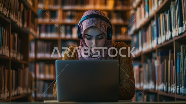 إدارة شؤون الأعمال وتنظيمها عبر الانترنت، استخدام الأجهزة التكنولوجية الحديثة والمتطورة، صورة مقربة لامرأة عربية خليجية سعودية محجبة ترتدي السماعات تقوم بالعمل على جهاز الحاسوب المحمول في داخل مكتبة