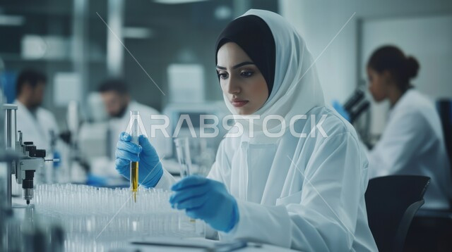 استعمال الأنابيب الزجاجية المعقمة لتحليل العينات المختلفة، معمل الصناعات الدوائية، مختبرات الفحوصات الطبية والتحاليل الكيمائية، صورة مقربة لفتاة مخبرية ترتدي المعطف الطبي تقوم بإجراء التجارب والبحوث العلمية عبر التكنولوجيا الحيوية