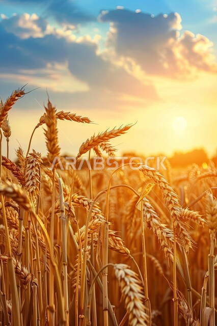 حقول ومزارع القمح، السنابل الذهبية اللامعة تحت أشعة الشمس، المناظر الطبيعية في المملكة العربية السعودية، منتجات ومحاصيل وطنية محلية، مجموعة من الأعشاب البرية التي تتمايل مع الرياح، الاعتماد على الانتاج المحلي والاكتفاء الذاتي