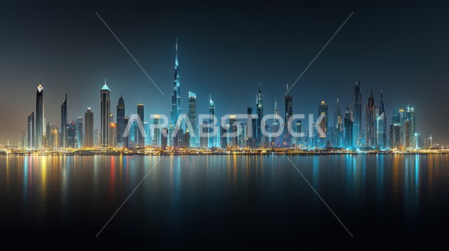 مبنى برج خليفة المضيء ليلا، الفن الهندسي المعماري لبناء المباني المنشآت التجارية والسكنية, منظر الأبراج و ناطحات السحاب المشهورة في دبي, أماكن ومعالم سياحية في الإمارات العربية المتحدة