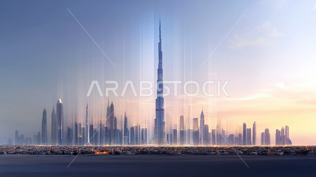 الفن الهندسي المعماري لبناء المباني المنشآت التجارية والسكنية, مبنى برج خليفة وقت غروب الشمس، منظر الأبراج و ناطحات السحاب المشهورة في دبي, أماكن ومعالم سياحية في الإمارات العربية المتحدة