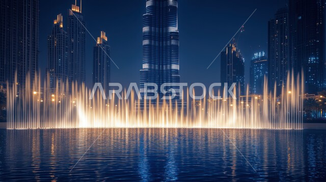 مبنى برج خليفة المضيء ليلا، الفن الهندسي المعماري لبناء المباني المنشآت التجارية والسكنية, منظر الأبراج و ناطحات السحاب المشهورة في دبي, أماكن ومعالم سياحية في الإمارات العربية المتحدة