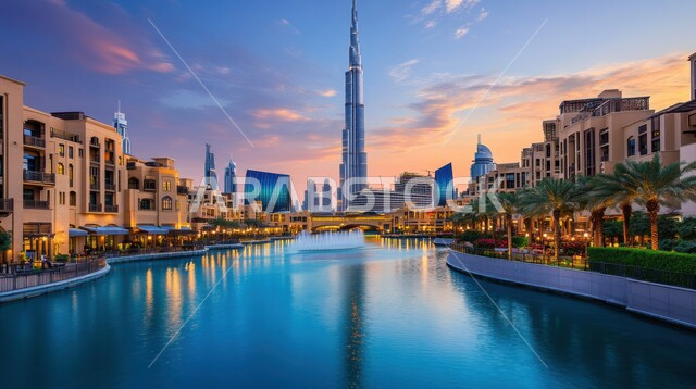 الفن الهندسي المعماري لبناء المباني المنشآت التجارية والسكنية, مبنى برج خليفة وقت غروب الشمس، منظر الأبراج و ناطحات السحاب المشهورة في دبي, أماكن ومعالم سياحية في الإمارات العربية المتحدة