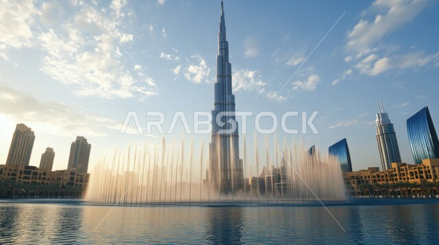 منظر الأبراج و ناطحات السحاب المشهورة في دبي, الفن الهندسي المعماري لبناء المباني المنشآت التجارية والسكنية, مبنى برج خليفة نهارا، أماكن ومعالم سياحية في الإمارات العربية المتحدة