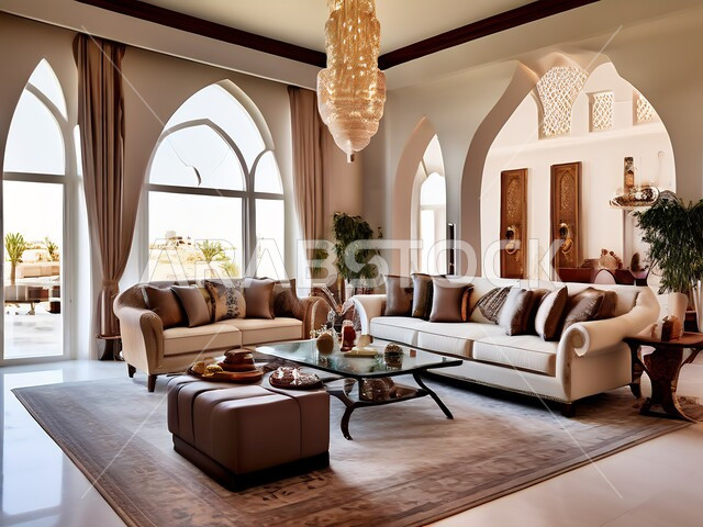 Luxury interior design for villas and apartments in Saudi Arabia, windows and glass facades, living room with luxurious and comfortable home furniture, modern living room interior designs, elegant accessories and antiques