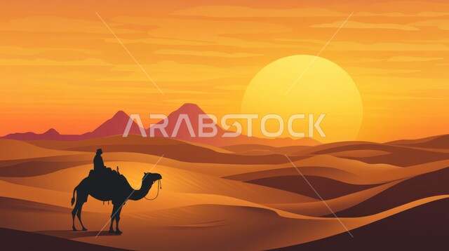 استخدام الإبل في التنقل في صحارى المملكة العربية السعودية، الرمال الذهبية الناعمة الناعمة في الأماكن الصحراوية، الإهتمام في تربية ورعاية الحيوانات الثدية، صورة ظلية لرجل عربي خليجي سعوي يمتطي جمل عربي اصيل يسير فوق الكثبان الرملية في الصحراء في وقت الغروب