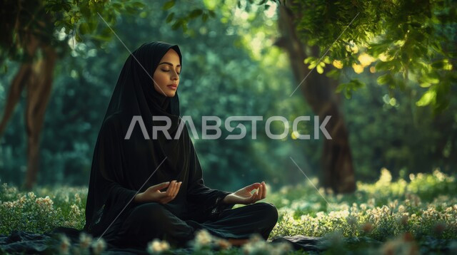 مفهوم التأمل والاسترخاء، شابة عربية خليجية سعودي محجبة تقوم بممارسة اليوغا التأملية في الطبيعة، أنشطة وتمارين رياضية، أسلوب حياة صحي