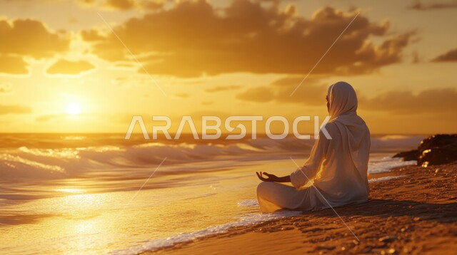 مفهوم التأمل والاسترخاء، أنشطة وتمارين رياضية، صورة من الخلف لشابة عربية خليجية سعودي محجبة تقوم بممارسة اليوغا التأملية على الشاطئ، أسلوب حياة صحي