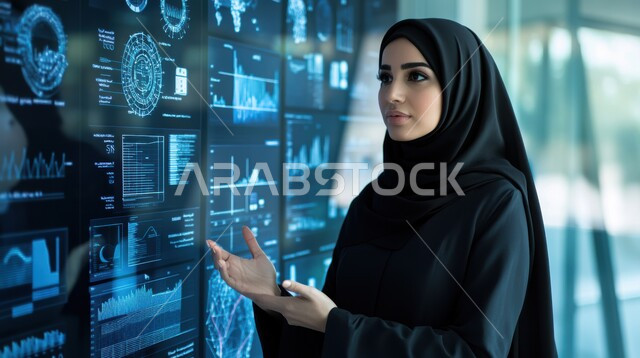 شاشات الكترونية لعرض الرسوم البيانية لحركة المبيعات والشراء, التطور والنمو الاقتصادي في المجتمع السعودي, صورة مقربة من الجانب لسيدة أعمال عربية خليجية سعودية محجبة تقف أمام شاشة هولوجرامية، مجال المال والأعمال وحركة الأسهم