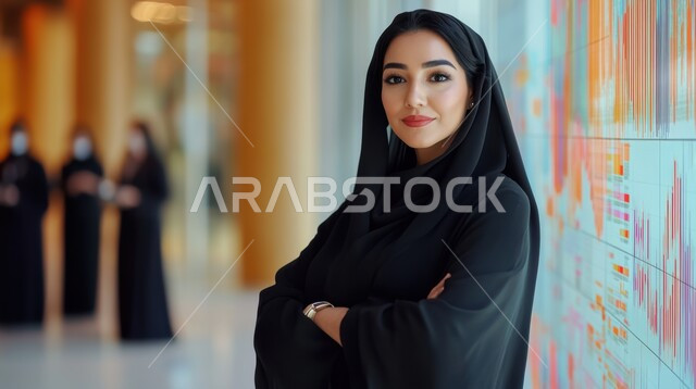 شاشات الكترونية لعرض الرسوم البيانية لحركة المبيعات والشراء, التطور والنمو الاقتصادي في المجتمع السعودي, صورة مقربة من الجانب لسيدة أعمال عربية خليجية سعودية محجبة تقف بايدي متقاطعة أمام شاشة هولوجرامية، مجال المال والأعمال وحركة الأسهم