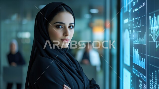 التطور والنمو الاقتصادي في المجتمع السعودي, صورة مقربة من الجانب لسيدة أعمال عربية خليجية سعودية محجبة تقف أمام شاشة هولوجرامية، شاشات الكترونية لعرض الرسوم البيانية لحركة المبيعات والشراء, مجال المال والأعمال وحركة الأسهم