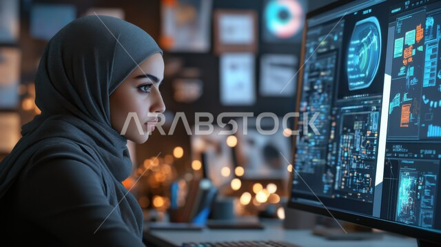 شاشات الكترونية لعرض الرسوم البيانية لحركة المبيعات والشراء, التطور والنمو الاقتصادي في المجتمع السعودي, صورة مقربة من الجانب لسيدة أعمال عربية خليجية سعودية محجبة تقف بايدي متقاطعة أمام شاشة هولوجرامية، مجال المال والأعمال وحركة الأسهم