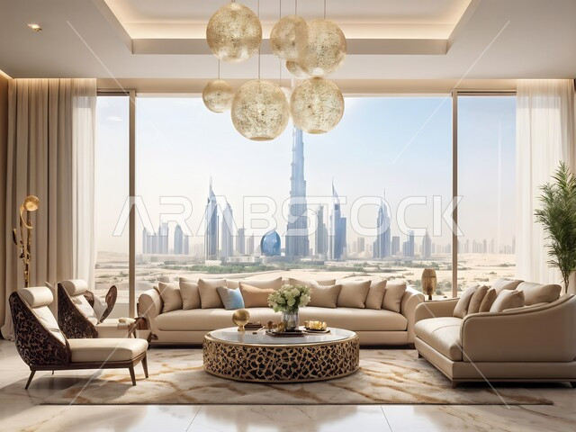 التصاميم الداخلية لغرف الجلوس على الطراز الحديث، الإكسسوارات والتحف الأنيقة، غرفة معيشة مع أثاث منزلي فاخر ومريح، الديكور الداخلي الراقي للفلل والشقق السكنية في المملكة العربية السعودية، النوافذ والواجهات الزجاجية