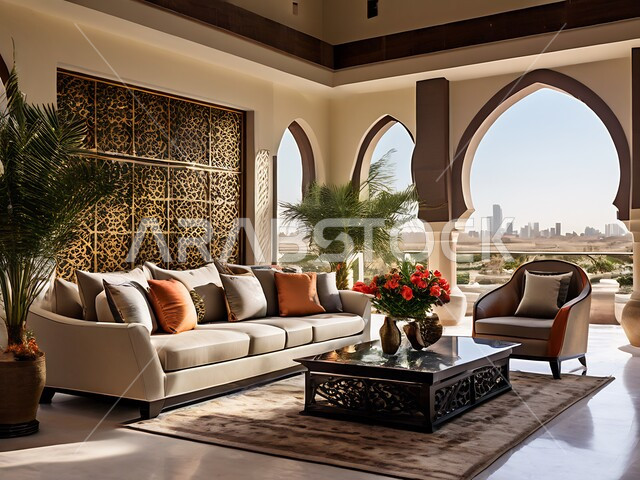 التصاميم الداخلية لغرف الجلوس على الطراز الحديث، الإكسسوارات والتحف الأنيقة، غرفة معيشة مع أثاث منزلي فاخر ومريح، الديكور الداخلي الراقي للفلل والشقق السكنية في المملكة العربية السعودية، النوافذ والواجهات الزجاجية