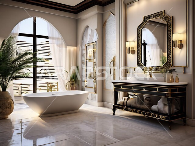 التصاميم الداخلية والديكورات الراقية للحمامات الداخلية وأحواض الاستحمام، الشقق الفاخرة على الطراز العصري في المملكة العربية السعودية، حمام معاصر في منزل حديث، دورة مياه فاخرة في أحد المباني السكنية