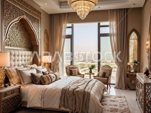 غرفة نوم بتصاميم عصرية، سرير كبير ومريح بتصميم حديث، الأثاث المنزلي الراقي، ديكورات منزلية داخلية للشقق والفلل السكنية في المملكة العربية السعودية، الفنادق والمنتجعات الفاخرة، الواجهات والنوافذ الزجاجية الكبيرة