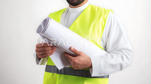 العمل في القطاع الهندسي، مفهوم الهندسة والإنشاءات، الإشراف على تطبيق الخطط والمشاريع الهندسيه المعمارية في المملكة العربية السعودية، بورتريه مقرب لمهندس عربي خليجي سعودي يرتدي سترة الحماية يحمل بيده مخطط البناء في مقر عمله، خلفية بيضاء