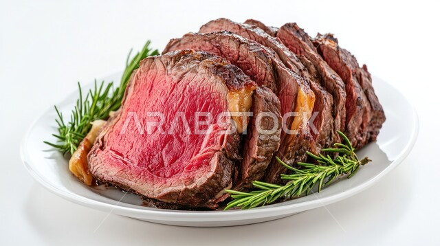 وصفات أطباق لحوم الضأن والمشاوي، وجبة مليئة بالبروتين المفيد للجسم، صورة مقربة لطبق من ستيك اللحم المشوي اللذيذ مع إكليل الجبل، وجبات الطعام السريعة، المأكولات الصحية الشهية، الأكلات العربية الشرقية