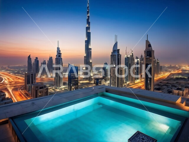 التقدم والنمو العمراني للمباني والمنشآت التجارية والسكنية، إطلالة مسبح في مبنى على برج خليفة في مدينة دبي، جذب واستقطاب السياح من شتى أنحاء العالم، الأبراج وناطحات السحاب في الإمارات العربية المتحدة، المعالم السياحية المشهورة