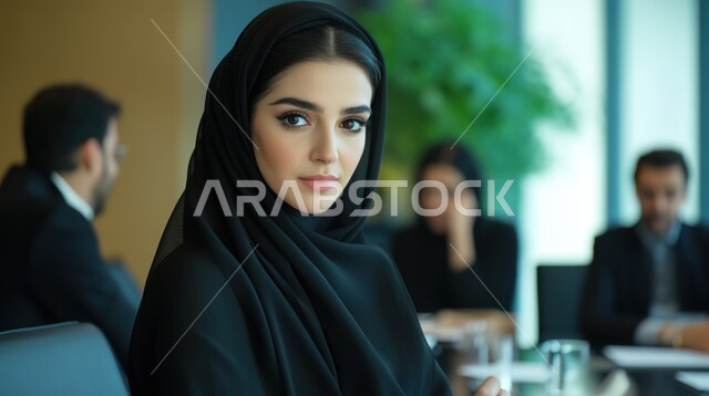 مهن ووظائف نسائية مكتبية، مفهوم إدارة شؤون الأعمال وتنظيمها، صورة مقربة لامرأة عربية خليجية سعودية محجبة تجلس على طاولة الاجتماعات داخل مقر الشركة تنظر الى الكاميرا بايماءات السرور والسعادة