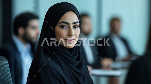 مهن ووظائف نسائية مكتبية، مفهوم إدارة شؤون الأعمال وتنظيمها، صورة مقربة لامرأة عربية خليجية سعودية محجبة تجلس على طاولة الاجتماعات داخل مقر الشركة تنظر الى الكاميرا بايماءات السرور والسعادة